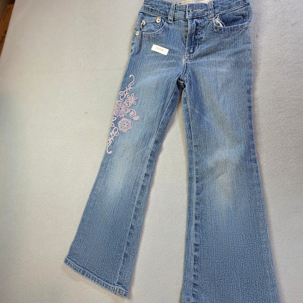 Bongo Girls Blue Flare Jeans Pink Floral Embroidery Size 5 Medium Wash Stretch
